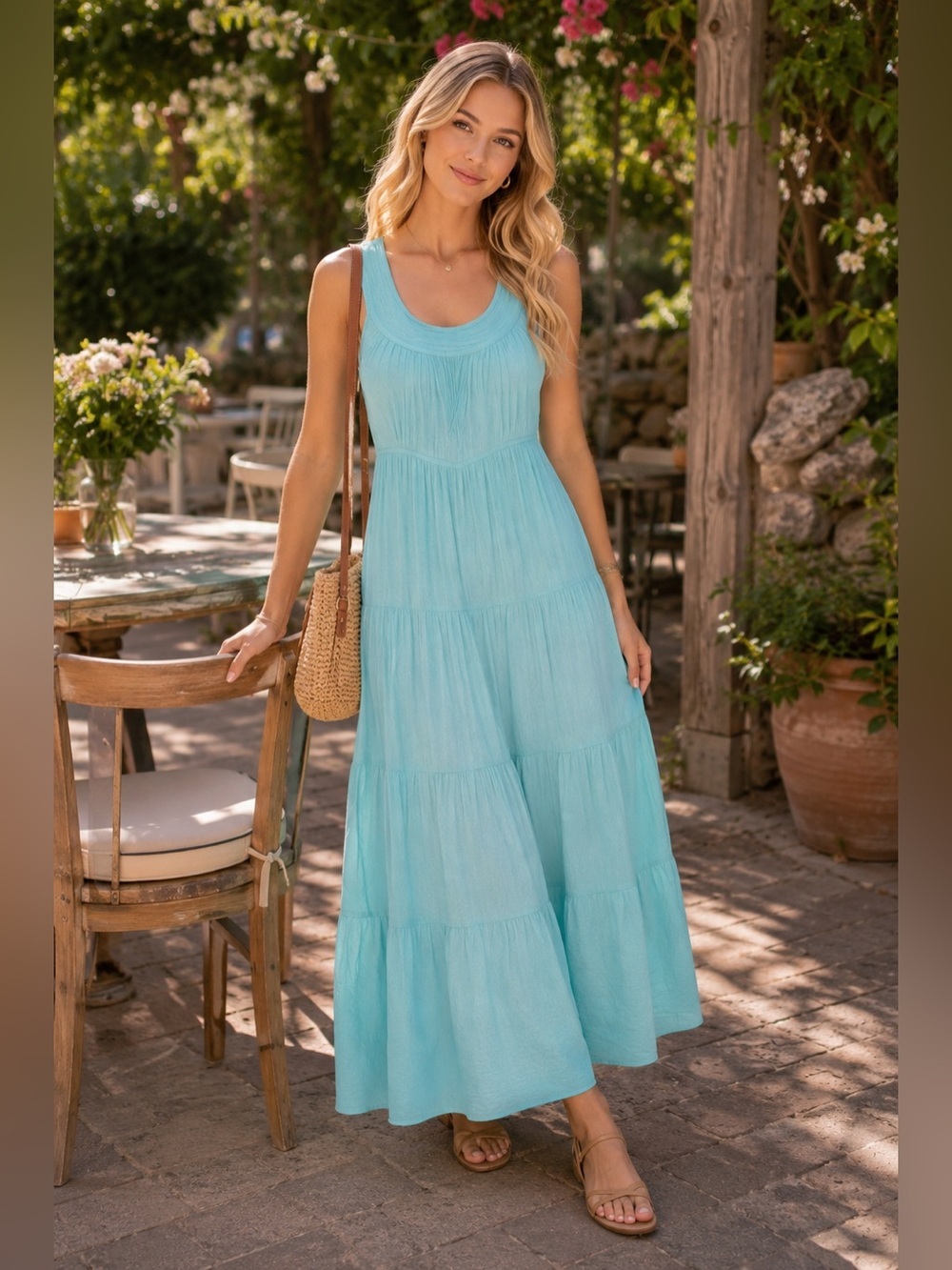 NWT Calypso Silk Tiered Maxi Dress Size Small Color Baby Blue